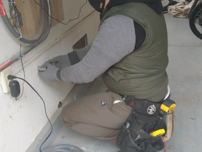 Electrician performing outlet wiring in a Gahanna garage